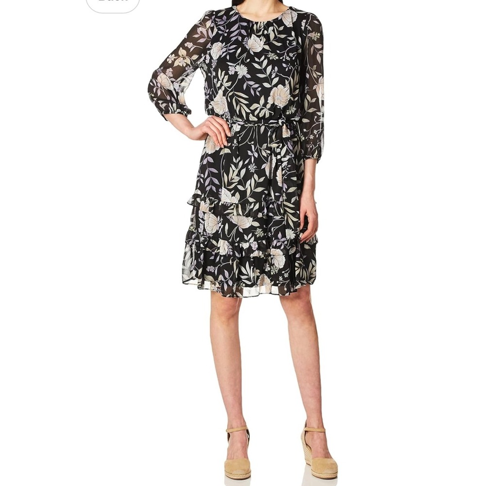 Calvin Klein Womens-XL Long Sleeve Dress with Belt & Teirs Black Floral‎